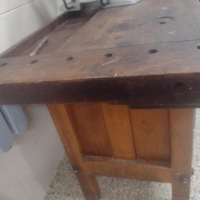 Antique Solid Wood Multi-Drawer Work Bench with Vise Attachment