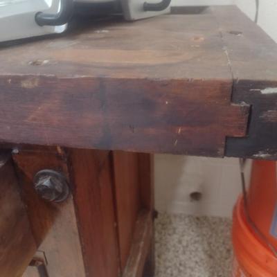 Antique Solid Wood Multi-Drawer Work Bench with Vise Attachment