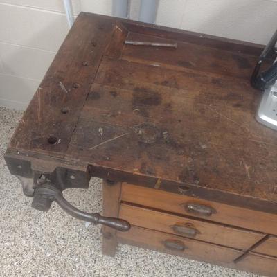 Antique Solid Wood Multi-Drawer Work Bench with Vise Attachment