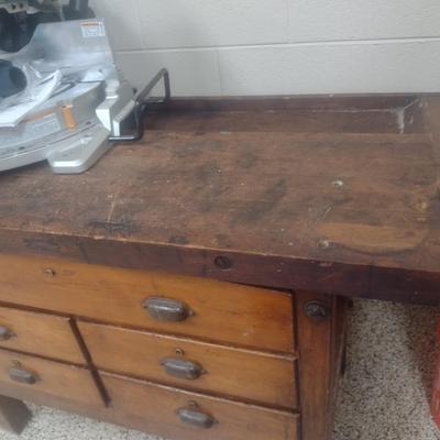 Antique Solid Wood Multi-Drawer Work Bench with Vise Attachment