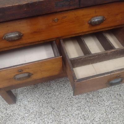 Antique Solid Wood Multi-Drawer Work Bench with Vise Attachment