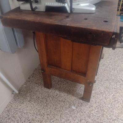 Antique Solid Wood Multi-Drawer Work Bench with Vise Attachment