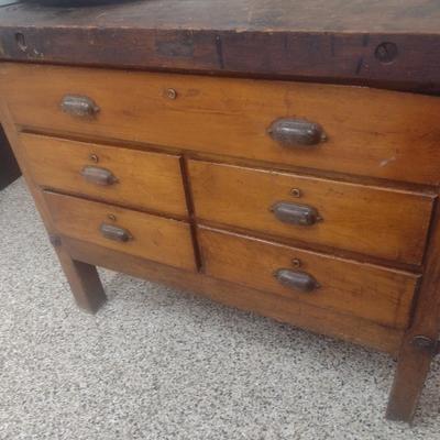 Antique Solid Wood Multi-Drawer Work Bench with Vise Attachment