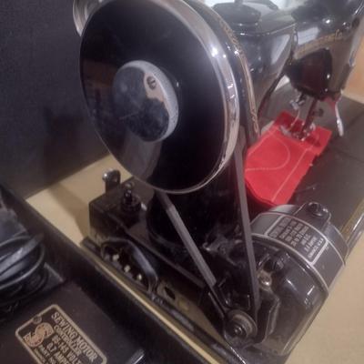 Antique Electric Portable Singer Sewing Machine with Attachments and Accessories in Working Condition