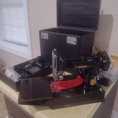 Antique Electric Portable Singer Sewing Machine with Attachments and Accessories in Working Condition