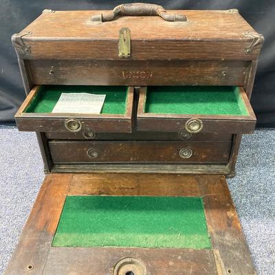 LOT 574: Vintage Union Wooden Tool Chest, Tools, Clock Repair Parts, Small Metal Toolbox with Hardware