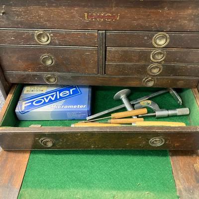 LOT 574: Vintage Union Wooden Tool Chest, Tools, Clock Repair Parts, Small Metal Toolbox with Hardware