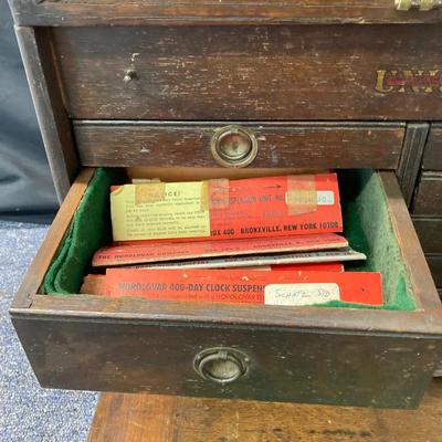 LOT 574: Vintage Union Wooden Tool Chest, Tools, Clock Repair Parts, Small Metal Toolbox with Hardware