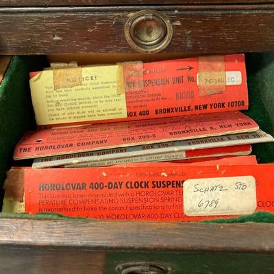 LOT 574: Vintage Union Wooden Tool Chest, Tools, Clock Repair Parts, Small Metal Toolbox with Hardware