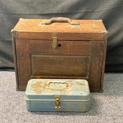 LOT 574: Vintage Union Wooden Tool Chest, Tools, Clock Repair Parts, Small Metal Toolbox with Hardware