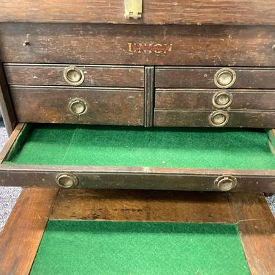 LOT 574: Vintage Union Wooden Tool Chest, Tools, Clock Repair Parts, Small Metal Toolbox with Hardware
