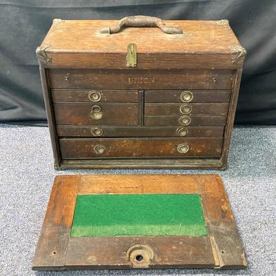 LOT 574: Vintage Union Wooden Tool Chest, Tools, Clock Repair Parts, Small Metal Toolbox with Hardware