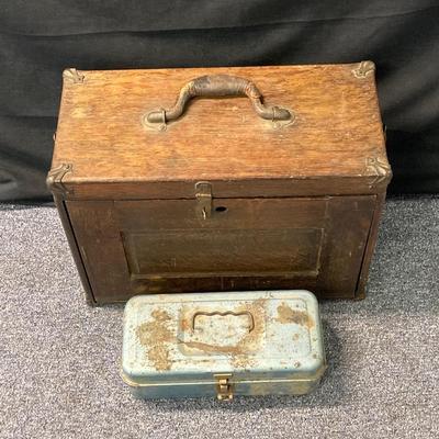 LOT 574: Vintage Union Wooden Tool Chest, Tools, Clock Repair Parts, Small Metal Toolbox with Hardware