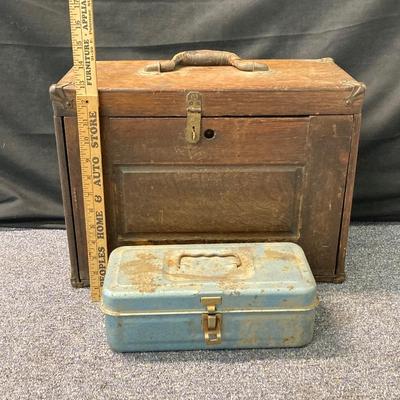 LOT 574: Vintage Union Wooden Tool Chest, Tools, Clock Repair Parts, Small Metal Toolbox with Hardware