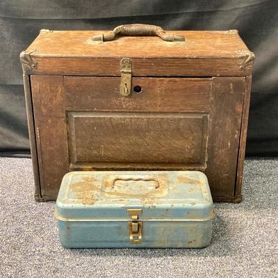 LOT 574: Vintage Union Wooden Tool Chest, Tools, Clock Repair Parts, Small Metal Toolbox with Hardware
