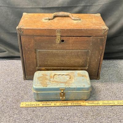 LOT 574: Vintage Union Wooden Tool Chest, Tools, Clock Repair Parts, Small Metal Toolbox with Hardware
