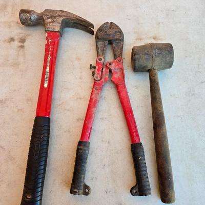 Hand Tool Trio – Hammer, Bolt Cutter, and Rubber Mallet