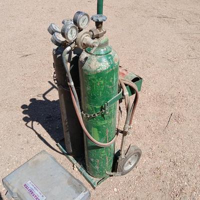 Oxy-acetylene welding & cutting torch setup— tanks, cart, hoses, torch and more