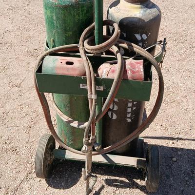 Oxy-acetylene welding & cutting torch setup— tanks, cart, hoses, torch and more