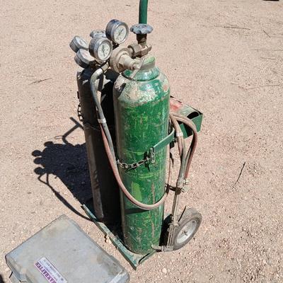 Oxy-acetylene welding & cutting torch setup— tanks, cart, hoses, torch and more