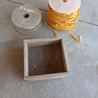 Lot of two Rope Spools with rope + Rustic Wooden Box