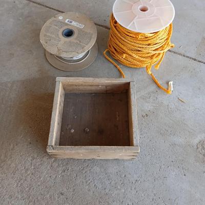 Lot of two Rope Spools with rope + Rustic Wooden Box