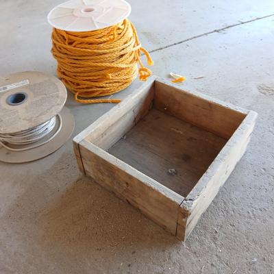 Lot of two Rope Spools with rope + Rustic Wooden Box