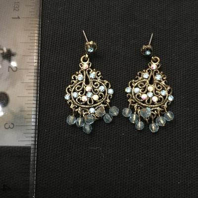 Light blue, crystal rhinestone, silver tone, dangle earrings