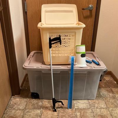 Large tote on wheels, clothes hamper, grabber, plus