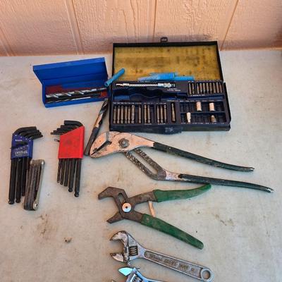Mixed Hand Tool Lot – Drill Bits, Wrenches, Pliers, Tap Set & More