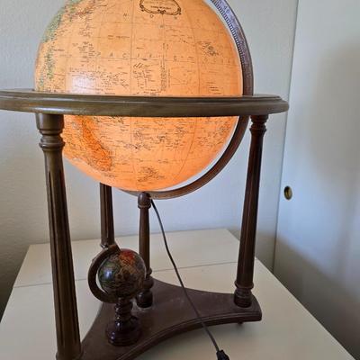 14 Inch Heirloom Globe by Replogle - Vintage Illuminated Globe on Wood Tripod Stand – Mid-Century with Miniature Vintage Decorative Globe