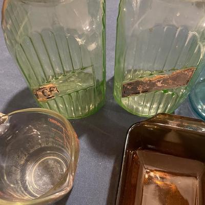 Vintage green jars, scale, measuring and loaf pan