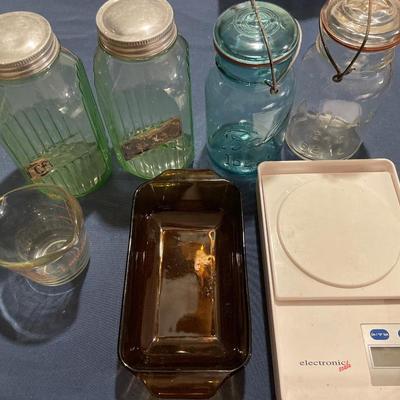 Vintage green jars, scale, measuring and loaf pan