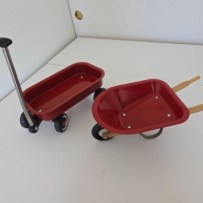 Mini Red Metal Wagon & Wheelbarrow Set – Doll or Display Size