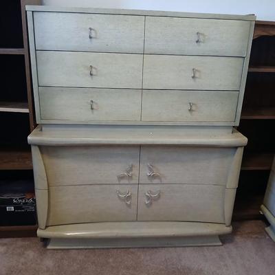 Vintage Mid-Century Modern Highboy & Lowboy Dresser Set – Sculpted Handles J.B. Augsuta Manufacturing Corporation