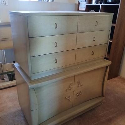 Vintage Mid-Century Modern Highboy & Lowboy Dresser Set – Sculpted Handles J.B. Augsuta Manufacturing Corporation