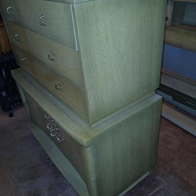 Vintage Mid-Century Modern Highboy & Lowboy Dresser Set – Sculpted Handles J.B. Augsuta Manufacturing Corporation