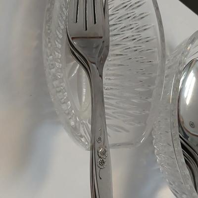 Vintage Stylehouse Stainless Steel Forks – Floral Pattern 70 piece set with 5 vintage Princess House Highlights Germany glass buffet holders