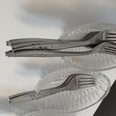 Vintage Stylehouse Stainless Steel Forks – Floral Pattern 70 piece set with 5 vintage Princess House Highlights Germany glass buffet holders