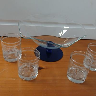 Vintage Princess House Crystal Pedestal Bowl – Wavy Rim with Cobalt Blue Base with 4 Portmeirion Glass Tumblers or Whisky Glasses -...