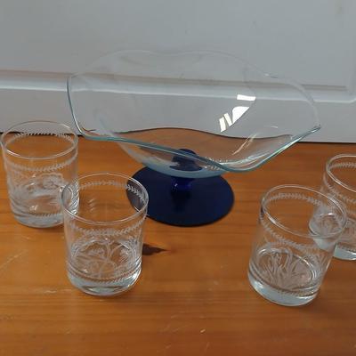 Vintage Princess House Crystal Pedestal Bowl – Wavy Rim with Cobalt Blue Base with 4 Portmeirion Glass Tumblers or Whisky Glasses -...