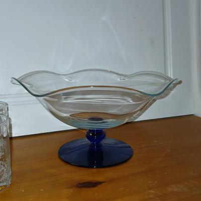Vintage Princess House Crystal Pedestal Bowl – Wavy Rim with Cobalt Blue Base with 4 Portmeirion Glass Tumblers or Whisky Glasses -...