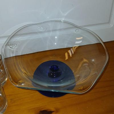 Vintage Princess House Crystal Pedestal Bowl – Wavy Rim with Cobalt Blue Base with 4 Portmeirion Glass Tumblers or Whisky Glasses -...