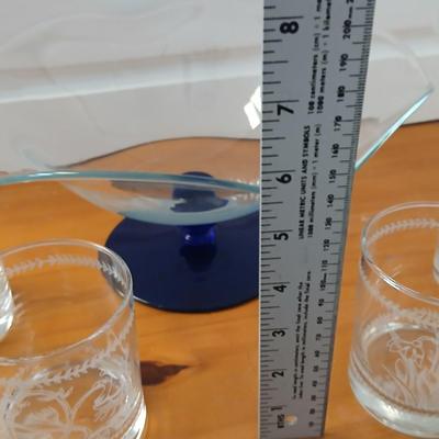 Vintage Princess House Crystal Pedestal Bowl – Wavy Rim with Cobalt Blue Base with 4 Portmeirion Glass Tumblers or Whisky Glasses -...