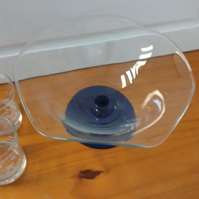Vintage Princess House Crystal Pedestal Bowl – Wavy Rim with Cobalt Blue Base with 4 Portmeirion Glass Tumblers or Whisky Glasses -...