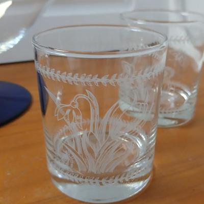 Vintage Princess House Crystal Pedestal Bowl – Wavy Rim with Cobalt Blue Base with 4 Portmeirion Glass Tumblers or Whisky Glasses -...
