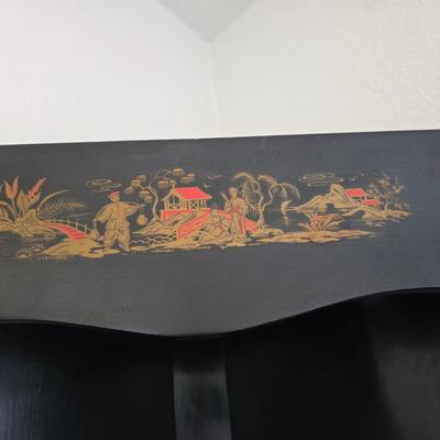 Vintage Black Lacquered Corner Cabinet with Chinoiserie Scene