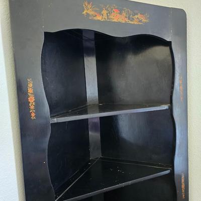 Vintage Black Lacquered Corner Cabinet with Chinoiserie Scene