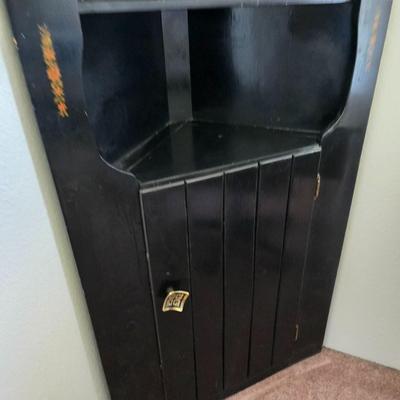 Vintage Black Lacquered Corner Cabinet with Chinoiserie Scene
