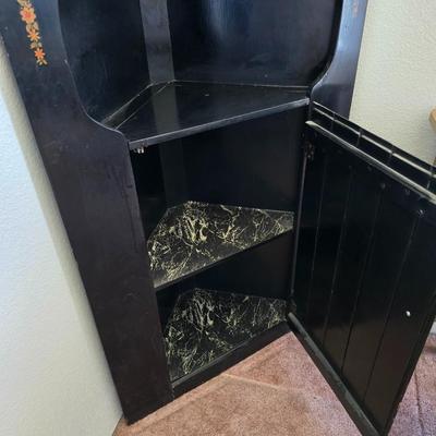 Vintage Black Lacquered Corner Cabinet with Chinoiserie Scene